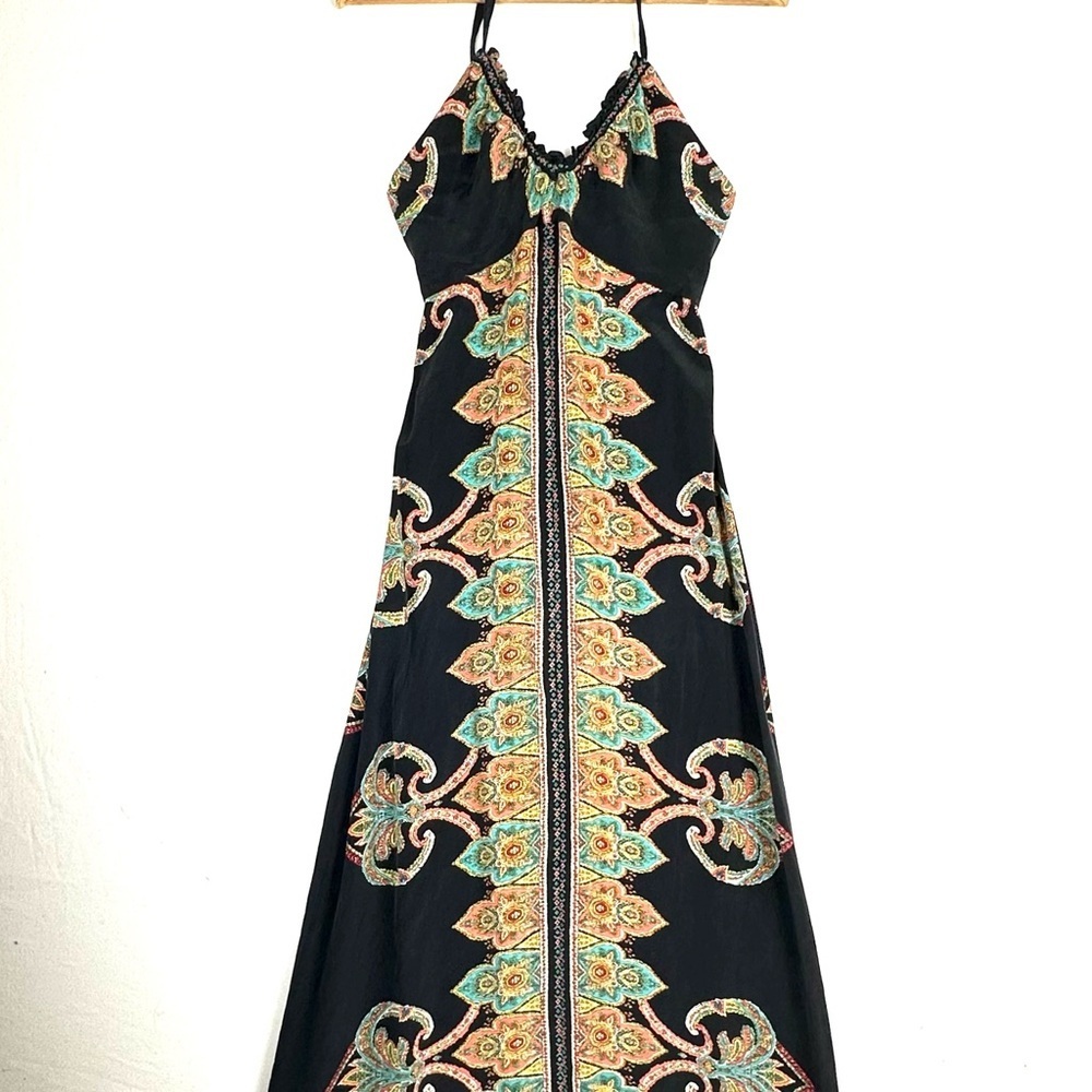 Beth Bowley Silk Halter Paisley Medallion Maxi Dress Boho